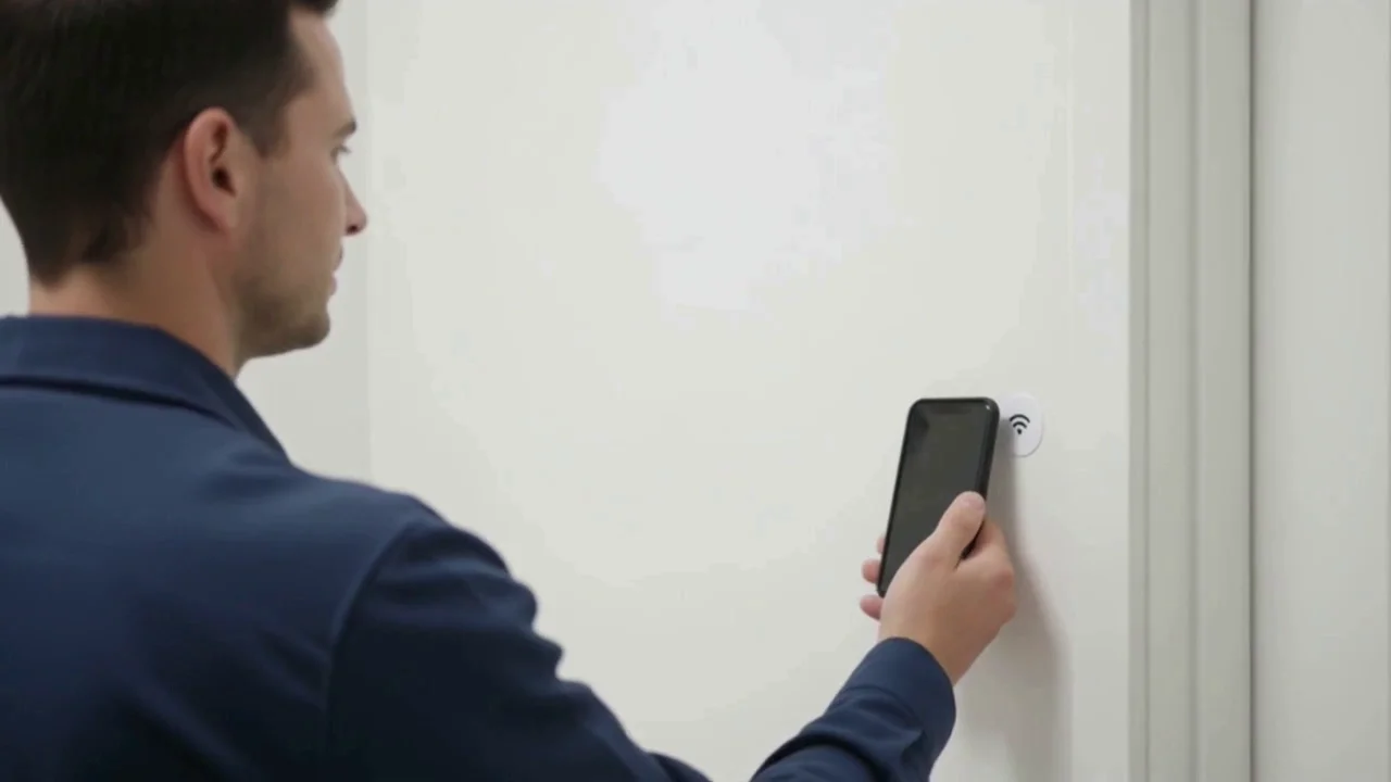 An inspector holds a phone near the mechanical room's NFC checkpoint.