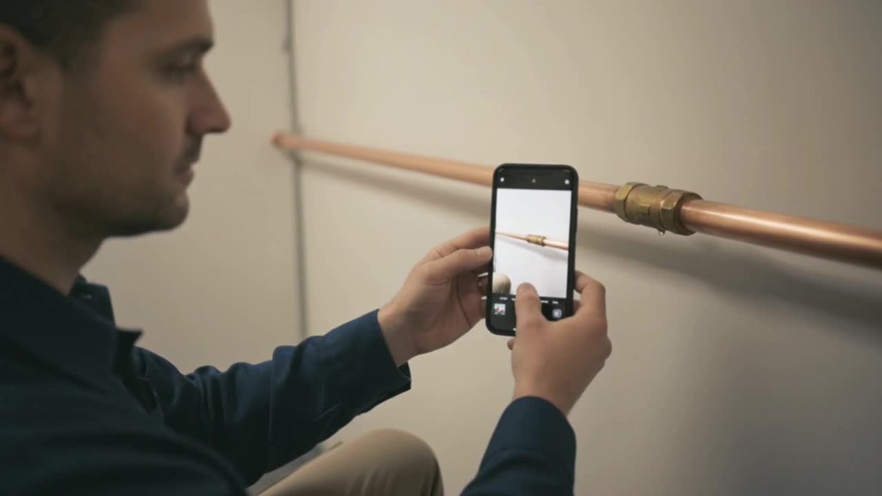 An inspector photographs the pipe coupling at Maple Court.